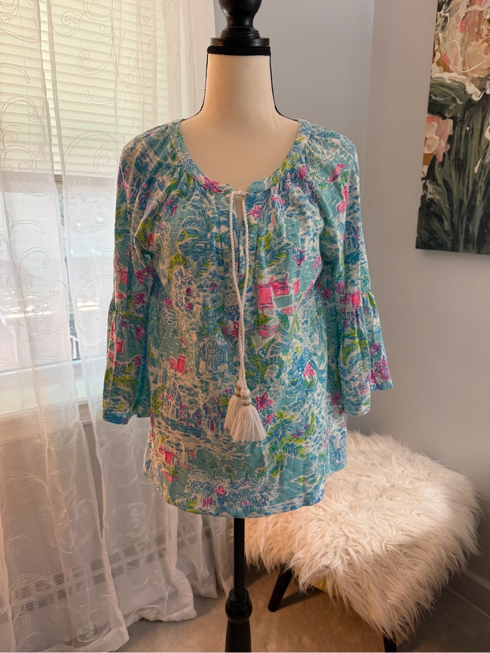Lilly Pulitzer Blue Tropical Tassel Tie Peasant Blouse